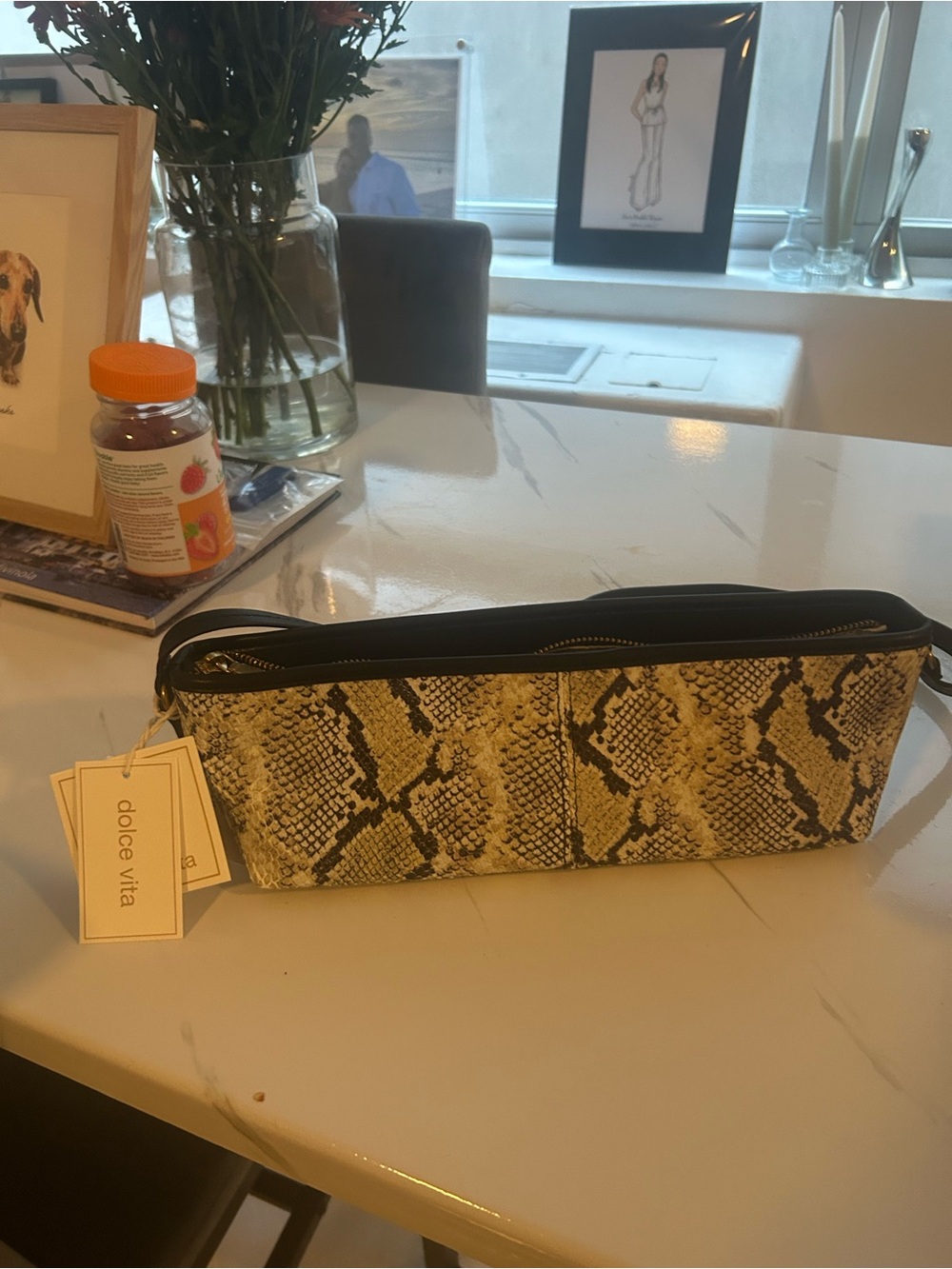 Dolce Vita Snake-Print Toiletry Bag in Black and Tan